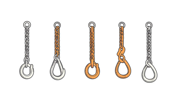 Hand-drawn vector illustration of chains and hooks in various designs on a white backdrop