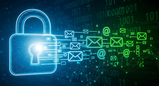 Secure email communication with digital lock and encrypted messages flowing out