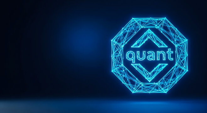 3D-rendered quantum computing logo with interconnected hexagonal nodes, symbolizing advanced tech, innovation, and digital networks.