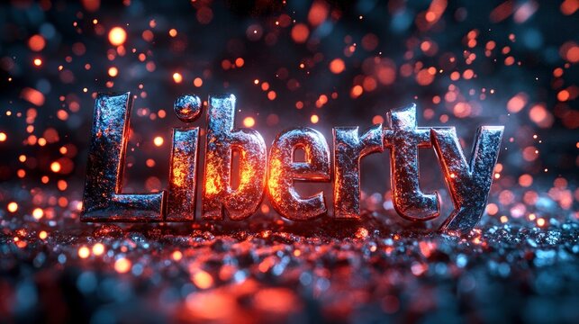 Liberty 3d text gleaming in polished chrome with festive red white and blue fireworks background modern digital illustration for patriotic marketing