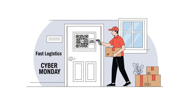 Courier scanning a QR code with a mobile phone for package delivery and tracking