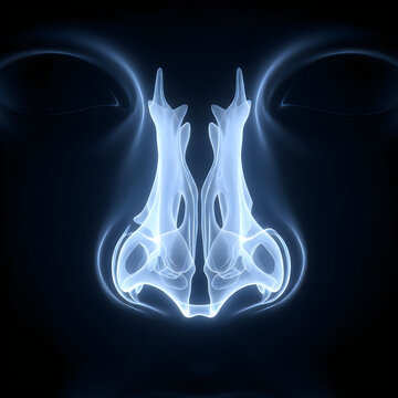 Glowing blue x-ray of human nose bones, skull, and sinuses, medical imaging, anatomy, healthcare