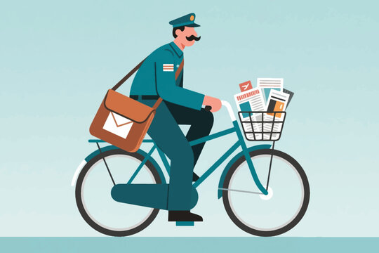 Postal worker in blue uniform riding bicycle with brown mailbag and front basket of letters on light blue gradient background.
