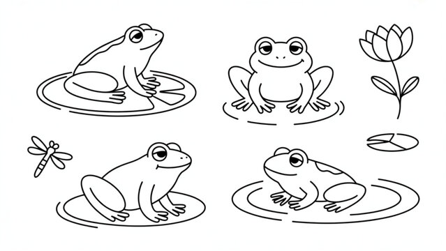 Cute Froggy Friends Line Art Set Adorable Lily Pad Amphibian Collection