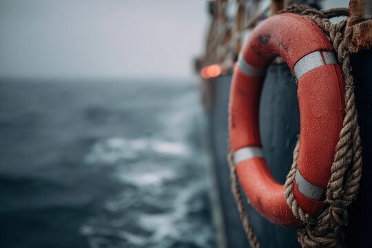 Red lifebuoy mounted on a ships side over deep ocean waves in a cinematic close-up with soft bokeh for maritime safety and travel marketing