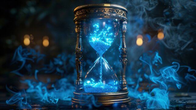 Ornate vintage hourglass glowing with luminous blue sand in a misty dark environment with sharp focus and cinematic bokeh for fantasy book covers