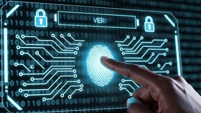 User authenticating via biometric fingerprint scan on a futuristic digital interface for secure identity verification. Highlights cybersecurity, data protection, fraud prevention, and privacy in a...