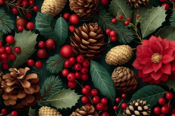 Fototapeta premium Festive Winter Holiday Arrangement with Pinecones Berries and Greenery.