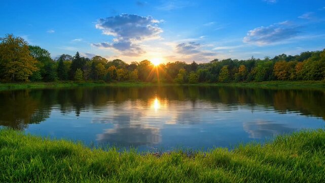 Peaceful lake at sunset with trees and grass