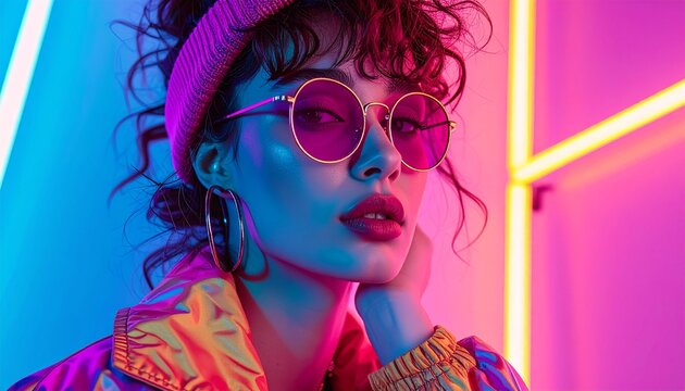 Stylish woman with retro sunglasses in vibrant neon lighting.