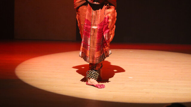 A Bharatanatyam dance artist in traditional saree wearing Ghungroo or metallic bells strung together to form musical anklets.