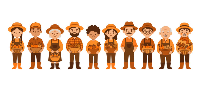 Farmers holding vegetable baskets set, diverse group of people agricultural workers with harvest. Cartoon flat illustration for farm market, organic food concept, community gardening theme, cute chara