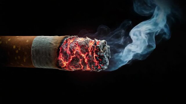 A close-up of a burning cigarette, showcasing glowing ash and swirling smoke. The image evokes themes of health concerns and lifestyle choices related to smoking.