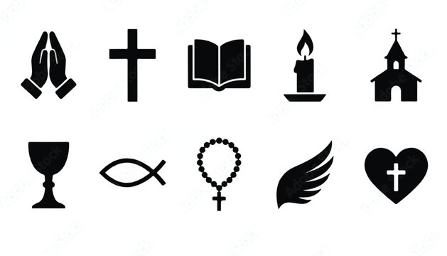 Christian symbols icon set with praying hands cross bible candle church chalice fish rosary wing and heart religious sign religious graphic