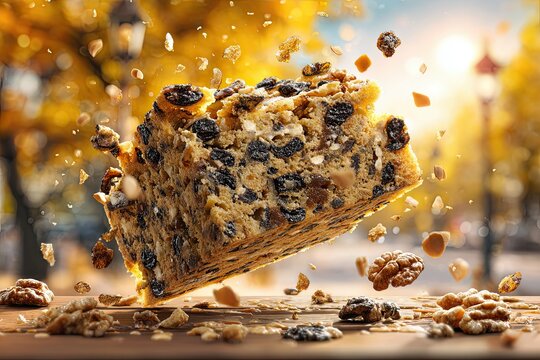 Delicious dense fruitcake piece exploding with raisins and walnuts captured mid-air, showcasing festive holiday baking