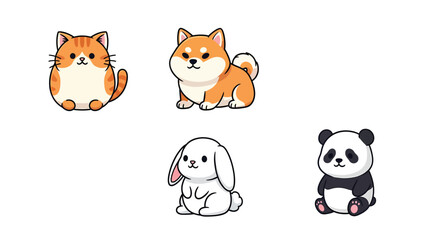 Naklejka premium Adorable cartoon illustrations of various animals including a fluffy cat, a shiba inu dog, a white bunny, and a baby panda.