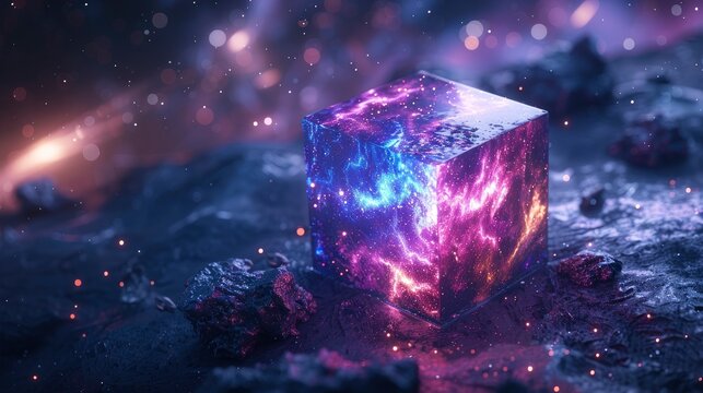Luminous hypercube emitting nebula energy on dark lunar terrain in a cinematic macro shot for science fiction book covers