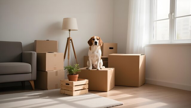 Cute Beagle Dog Sitting on Cardboard Boxes in a Room Ready for Moving Day.