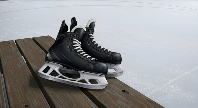 Pair of black hockey skates resting on a wooden bench overlooking an ice rink. Professional hockey players' equipment on a cold winter day at an outdoor rink.