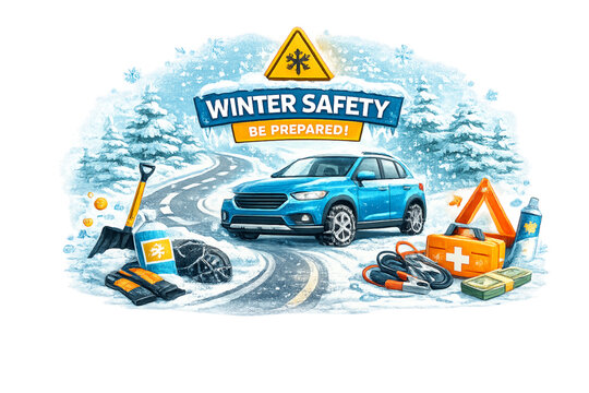 winter vehicle safety, winter safety essentials, car winter kit, cold weather car care, snow driving safety, icy road driving, winter tires, tire chains, antifreeze coolant, windshield deicer, ice scr