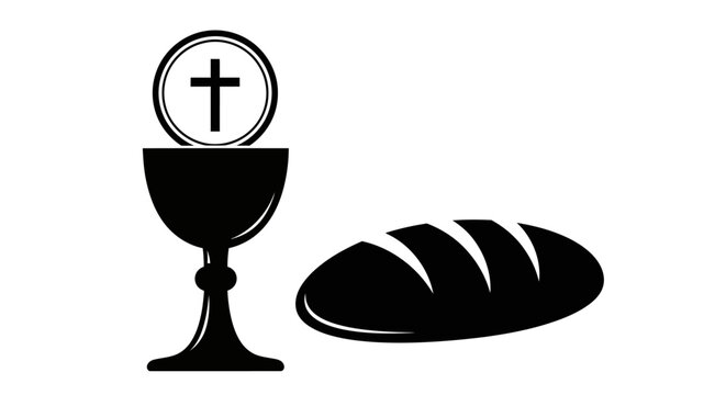 Christian communion symbols, bread and chalice, holy sacrament, eucharist elements, black icons