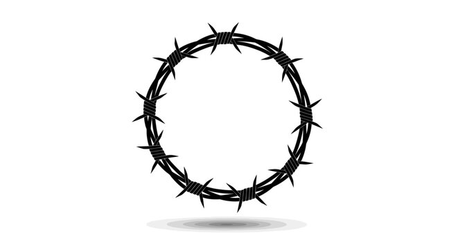 Barbed wire circle, thorn wreath, metal prickly ring, black vector icon