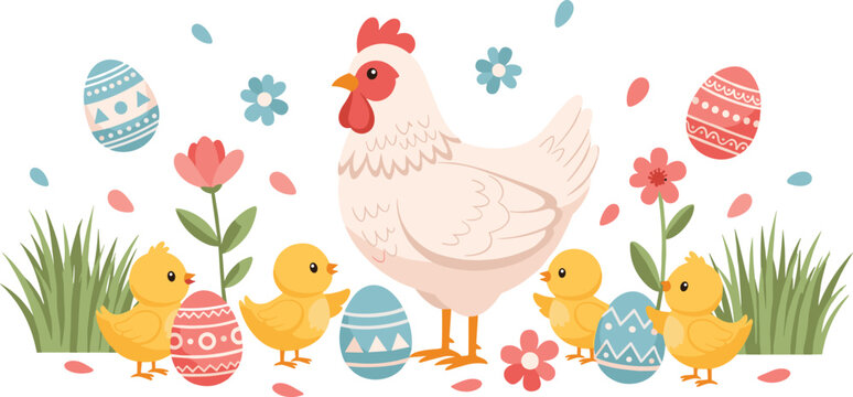 Happy Easter holiday background with cute cartoon hen baby chicks colorful painted eggs and spring flowers vector illustration for greeting card.