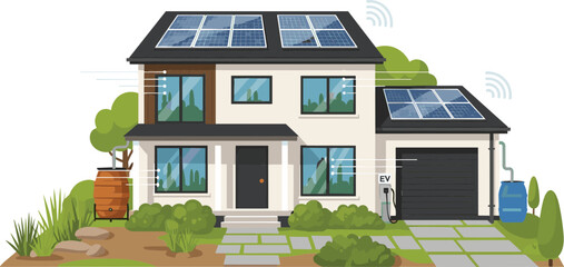Modern eco friendly smart home with solar panels on roof electric vehicle charging station and rainwater harvesting system vector illustration concept. © MdAlom