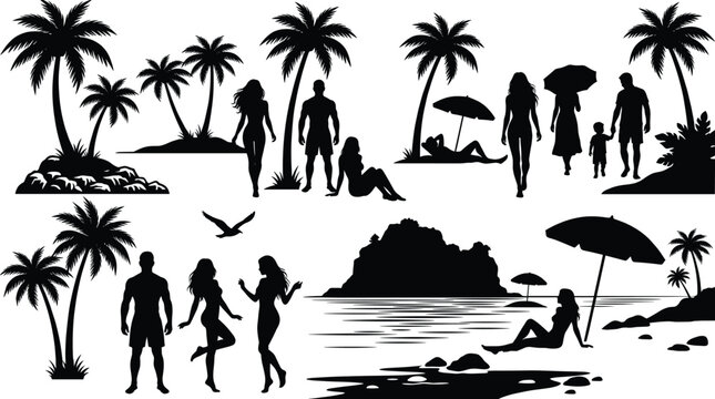 Black Tropical Beach Silhouette Collection Featuring Palm Trees People Sunbathing and Coastal Landscapes for Summer Vacation Travel Marketing