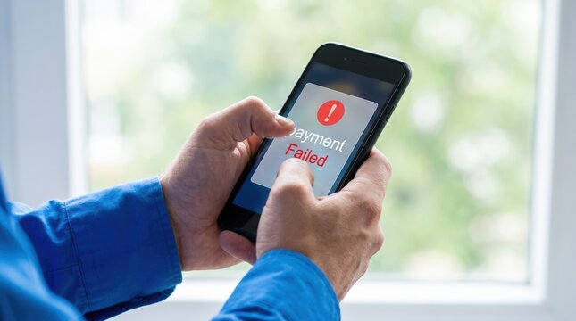 Closeup of a person holding a smartphone showing a payment failed notification on the screen