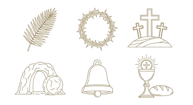 Easter icons, Christian symbols, religious illustrations, gold line art, 6 elements, vector graphics
