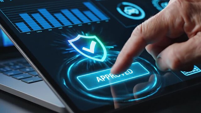 Professional hand confirming approval on a secure digital interface with data analytics dashboard. Concept of business workflow, data validation, security, and efficient authorization system.