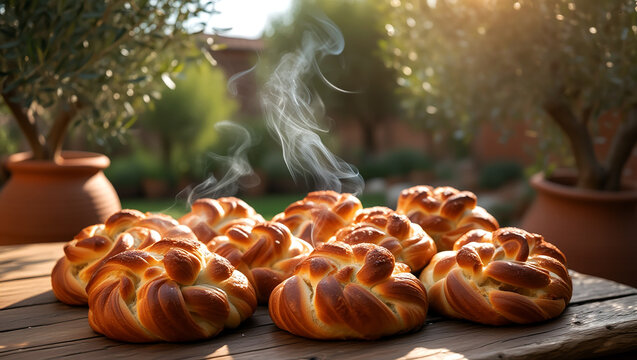 Freshly baked artisanal braided bread rolls steaming on a wooden table in a garden setting
