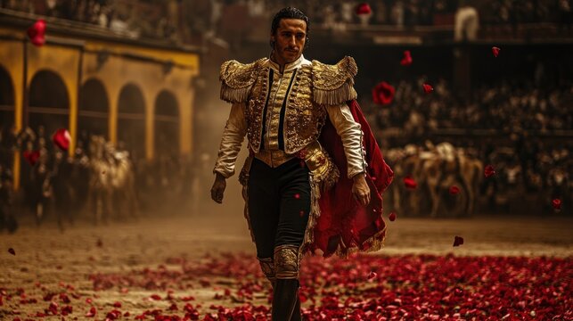 A matador in ornate attire walks across a bullring strewn with rose petals, crowd in background