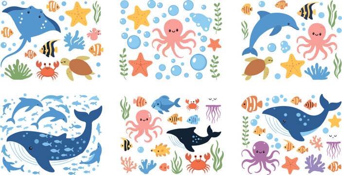 Cute Sea Creatures including Whales, Octopuses, Dolphins, and Turtles with Bubbles and Starfish Vector Illustration for Ocean, Marine Life, and Underwater Designs