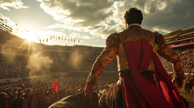 A matador stands, victorious, in a bullring bathed in sunlight, facing a cheering crowd