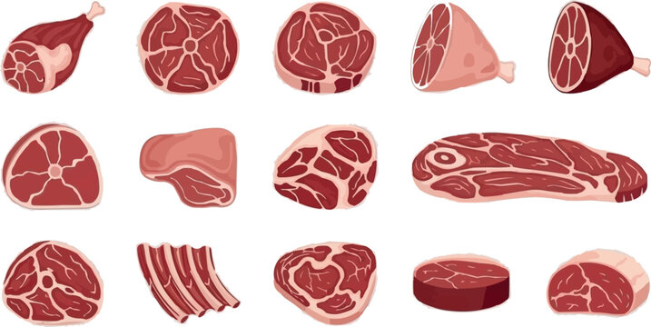Collection of Cartoon-Style Raw Meat Cuts Including Beef, Lamb, Ham, and Ribs for Food, Cooking, Butchery, Culinary, and Recipe Illustration Designs