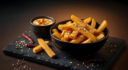 Crispy golden french fries in black bowl and on dark slate board with dried chili peppers and fresh rosemary sprigs served alongside small bowl of creamy sauce with paprika garnish.