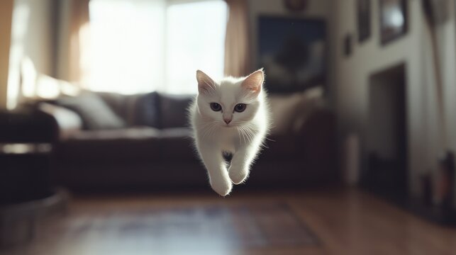 A fluffy white kitten leaps toward the viewer in a brightly lit domestic interior