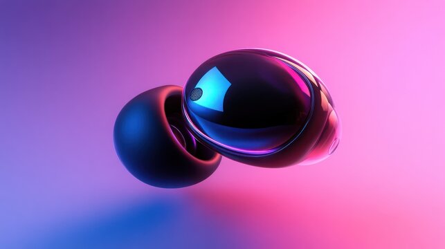 Two abstract, glossy, interconnected, spheroid shapes in dynamic composition against a gradient