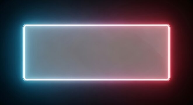 Abstract glowing rectangle with blue and red neon border on dark background, empty space for text and design elements
