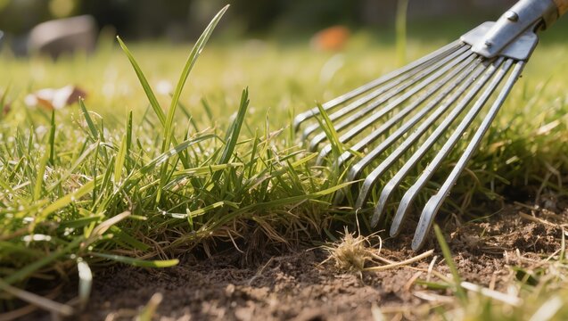 Green lawn care process using a metal rake for scarification and removing dry grass. Concept of gardening, backyard maintenance, lawn aeration, and professional landscaping services