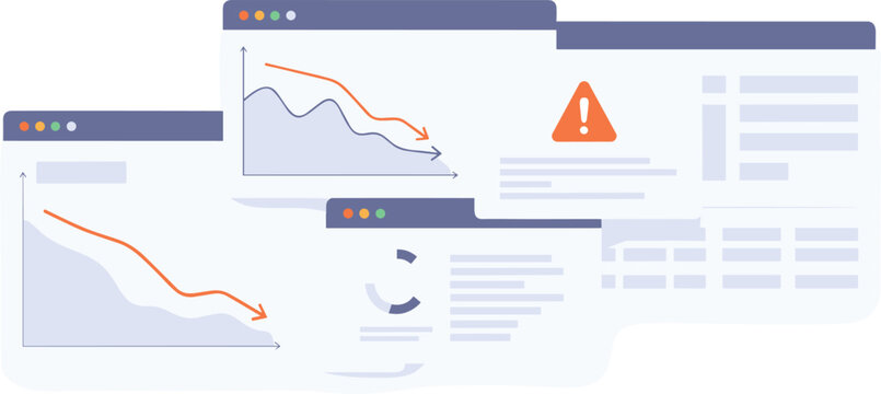 Business and finance data analysis with falling down arrow charts and warning sign on multiple web browser windows vector illustration concept.