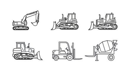 Construction Equipment Line Art Icons: Excavator, Bulldozers, Forklift, Cement Mixer © hidayati