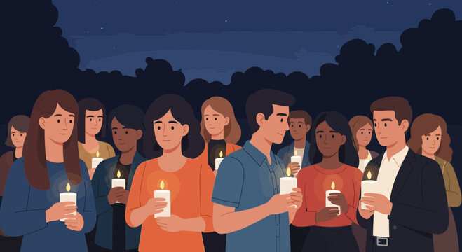 Diverse group of people holding lit candles together in a nighttime vigil