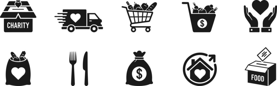 Charity Food Donation Icon Set for Humanitarian Aid and Volunteer Service