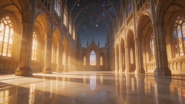 Gothic cathedral interior with starry sky