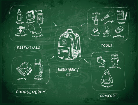 Emergency kit infographic on green chalkboard with go bag and four categories: essentials, tools, food and comfort. Hand-drawn white doodle vector for safety poster and classroom design.