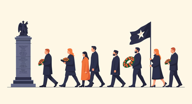 People walking in a solemn memorial procession carrying flowers and wreaths with a flag flying above