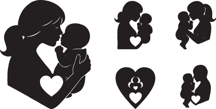 Silhouettes of mother holding baby love and affection with heart shapes for maternal bond graphic design graphic element silhouette motherhood affection happiness abstract